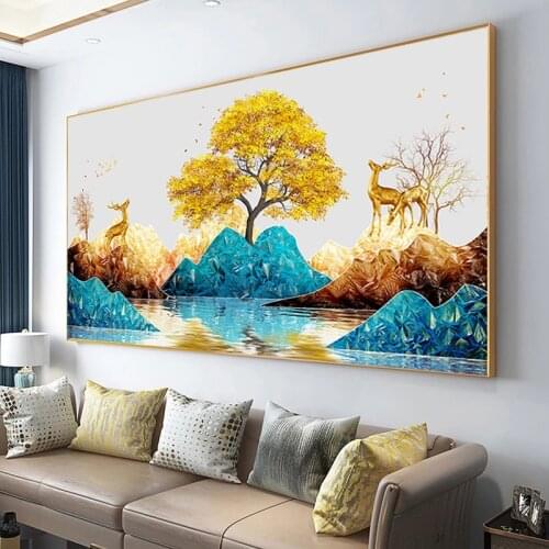Nordic Golden Tree Deer Landscape Canvas Posters Prints Oil Painting on Canvas Wall Pictures for Living Room Home Cuadros Decor