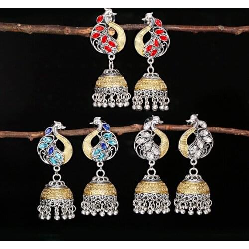 New Vintage Womens Blue Zircon Peacock Indian Jewelry Bollywood Oxidized Earrings Ethnic Jhumka Earrings