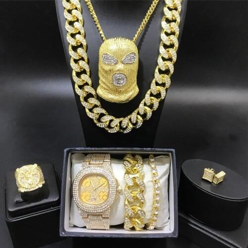 Luxury Men Gold Watch Hip Hop Men Necklace & Watch & Braclete & Ring & Earrings Combo Set Ice Out Cuban Jewerly Hip Hop For Men