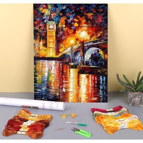 Oil Style London Printed Fabric 11CT Cross Stitch Full Kit Embroidery DMC Threads Knitting Needlework Floss