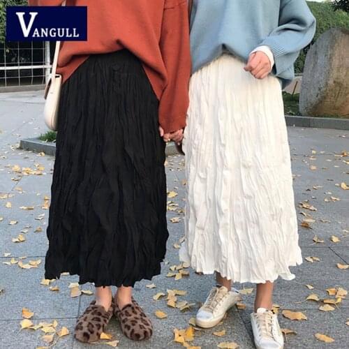 Vangull Black White High Waist Pleated Skirt Women Summer New Elastic Waist Loose Skirt Ins Style Female Party Mid- calf Skirts