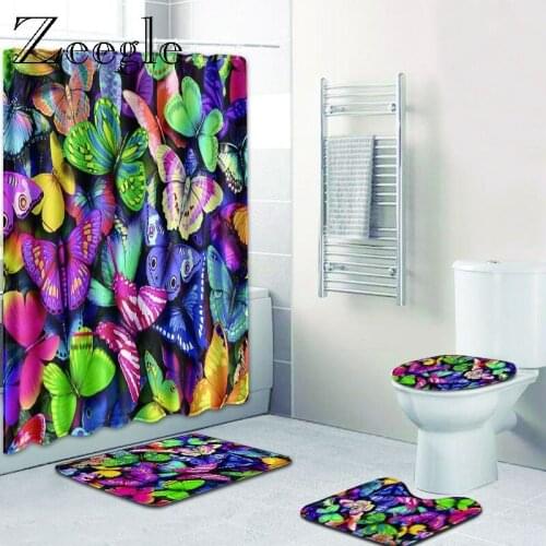 Zeegle Bathroom Shower Curtain and Bath Mat Sets 3pcs Set 3D Printed Toilet Mat Microfiber Bath Rug Non Slip Shower Carpet