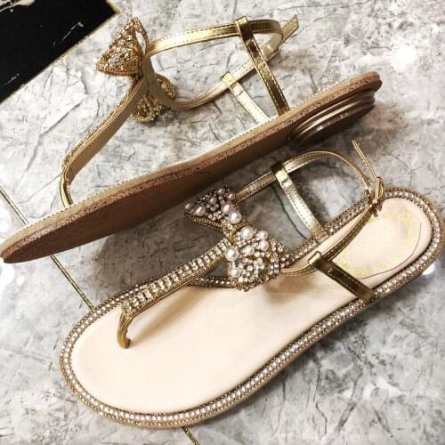 New Pearls Rhinestones Thong Sandals Female Flats Fashion Women Sandals Summer Shoes Bow Sandalias Mujer Flat Beach Shoes