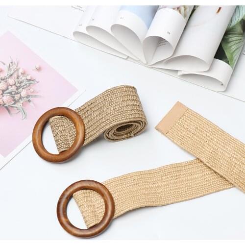 1PC Women Round Wooden Buckle Elastic Waist Chain Dress Belt Casual Braided Belly Wide Necklace Strap Designer Woven Straw Belts