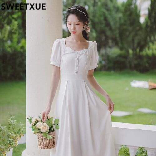 SWEETXUE Womens Summer 2021 Vintage Sweet Chic Simplicity Temperament Long Dress Vestidos Mujer Female