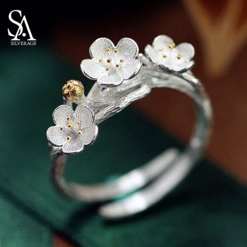 SA SILVERAGE New Moment Silver Natural Fashion Jewelry Vintage Flower Ring for Women Wedding Bands Plant Girls for Women 2019