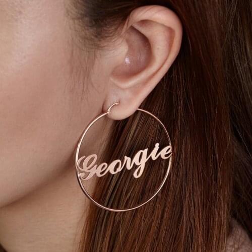 Rose Gold Color Personalized Name Hoop Earrings For Women Ear Jewelry Stainless Steel Big Circle Nameplate ID Fashion Earrings