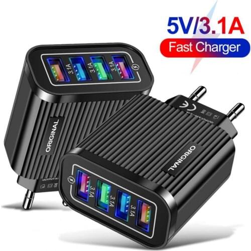 4 USB Ports Universal EU/US Plug Luminous Fast Charging Charger for Mobile Phone Tablet