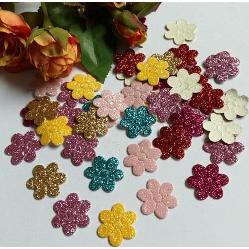 100pcs/lot 20mm Mini rainbow Glitter fabric felt pack Flowers shape Satin applique multiple