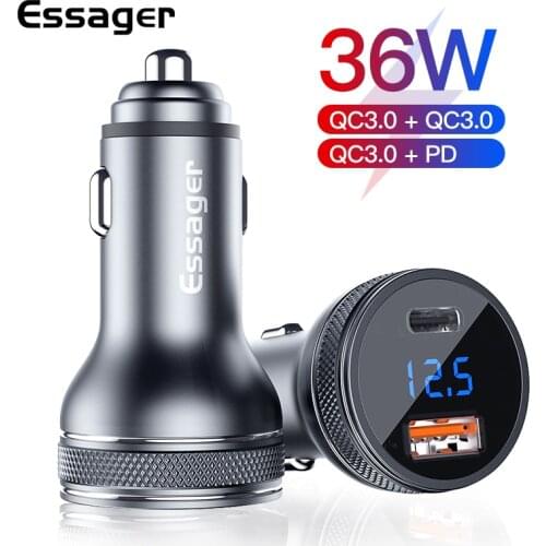 Essager 36W USB Car Charger Quick Charge 3.0 PD QC 3.0 Type C Charging Adapter in Car LED Display Car Charger For iPhone Xiaomi