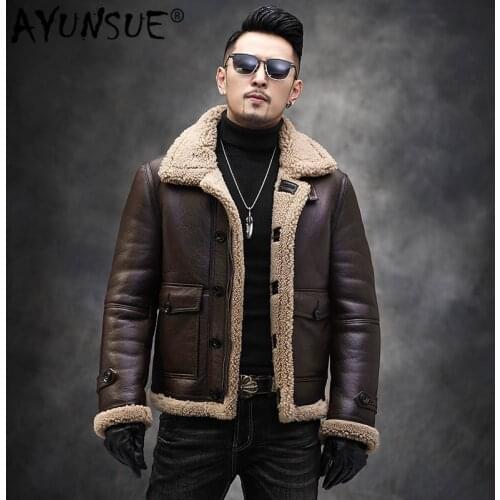 AYUNSUE Winter Genuine Leather Jacket Men Natural Sheep Fur Coat Shearling Motorcycle Jacket Raccoon Fur Collar RSJM1025 KJ3821