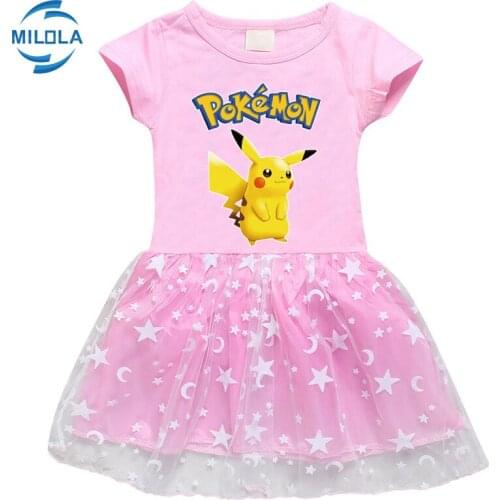 Pokemon Go Kids Girls Dresses Cartoon Princess Pikachu Print Cotton Summer Dress Short Sleeve Star Moon Children Lace Christmas