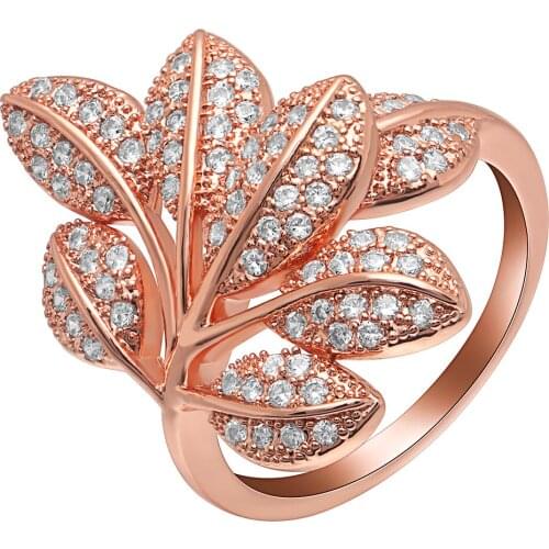 Hainon AAA Cz Pave Setting Long Big Leaf Multilayer Exaggerated Rings For Women Finger Accessories Luxury Rose Gold Color Rings