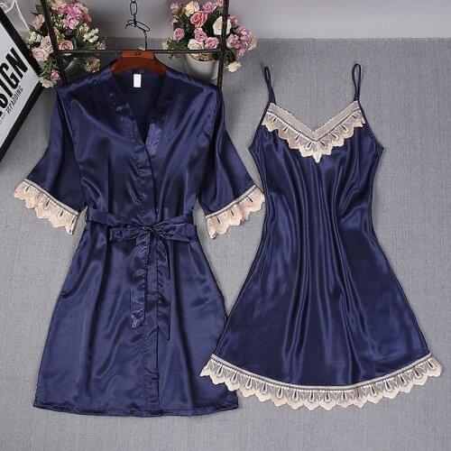 Women Sexy Rayon Robe Gown Set Spring Autumn Bathrobe Set 2 Pieces Solid Kimono Nightdress Lace Sleepwear Nightwear Set
