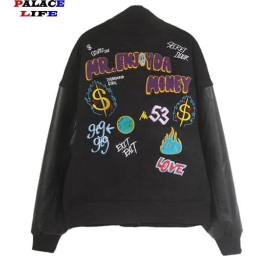 Letter Graffiti Embroidered Baseball Jackets Mens Patch Flocking Leather Bomber Jackets Couples 2021 Oversized Streetwear Coats