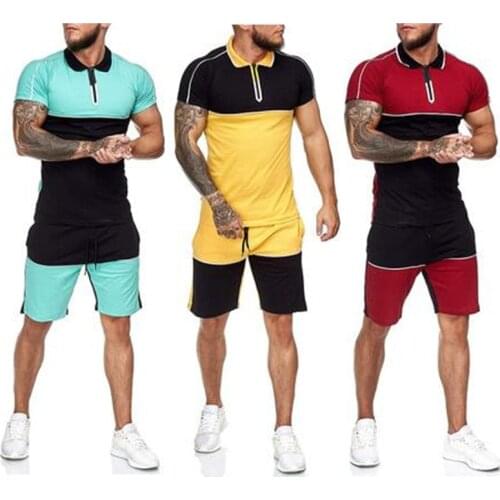 Mens Short Tracksuit Set Colorblock 2 Piece Sweatsuits Male Sets Summer Casual Clothes Lapel Shirt and Shorts Polo Sweat Suit