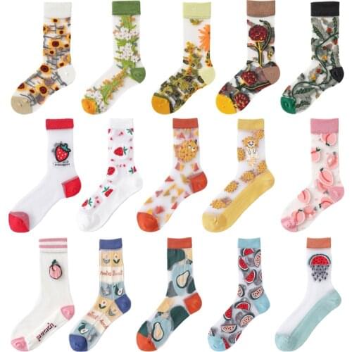 Womens socks fashion brand original design spring and summer thin Glass stockings jacquard net red fashion leisure transparent