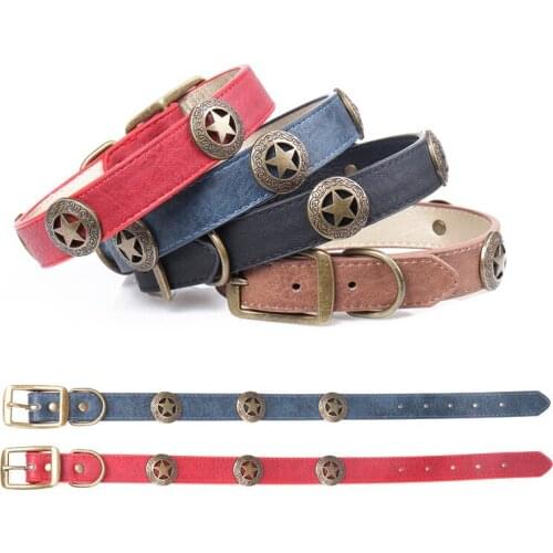 2018 Vintage PU Leather Dog Collar Bronze Star Cat Necklace Outdoor Product Pet Walking Lead Pet Collar for Medium Large Dogs