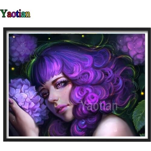 Full Square Round 5D DIY Diamond Painting Pretty girl with purple flowers Diamond Mosaic Cross Stitch Kit Diamond Mazayka