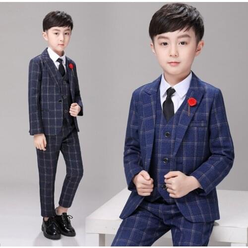 Kids Formal Jacket Vest Pants Bowtie 4pcs Wedding Suit Flower Boys Birthday Party Dress Child Tuxedo Prom Performance Costume