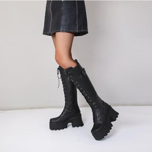 Super High Platform Punk Style Martin Boots Cross Strap Metal Belt Buckle High Thick Heel Street Trendy Womens Knee-High Boots