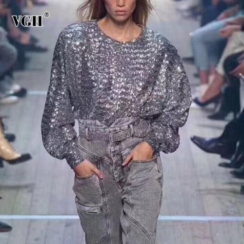 VGH Loose Sequined Sweatshirt For Women O Neck Long Sleeve Patchwork Casual Hollow Out Sweatshirts Female Fashion Clothing Style