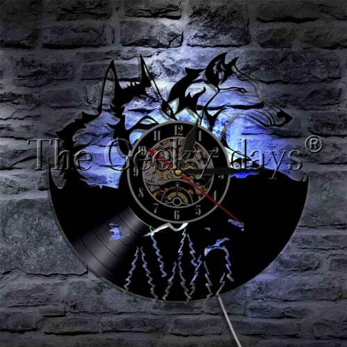 Wolf Head Couple Vinyl Record Wall Clock Wildlife Wolf With LED illumination Home Decor Sleepy Light