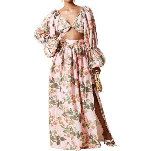 Wefads 2021 Women New Fashion Flower Print Long Lantern Sleeve Two-piece Suit Sexy Dress