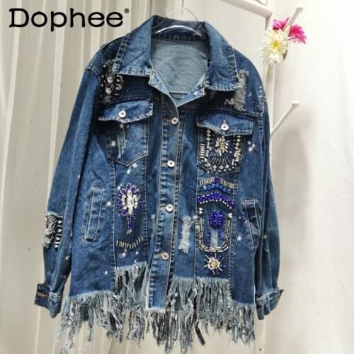 Outerwear Denim Jacket for Women 2021 Autumn and Winter New Loose Diamond Irregular Tassel Hem Jean Jacket Fashion Coats Tops