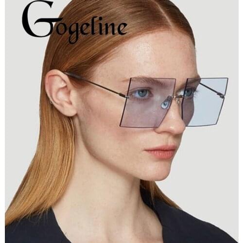 Oversized Rimless Square Sunglasses Women Metal Frame UV400 Trendy Fashion Ladies Retro Sun Glasses Sexy Red Brown Tinted