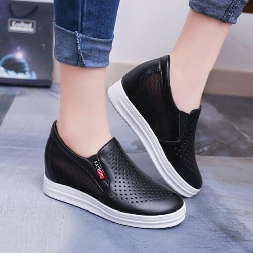 New Womens Casual Flats Female Height Increasing Breathable Cut Out Leather Shoes Woman Hidden Wedges Summer Sneaker