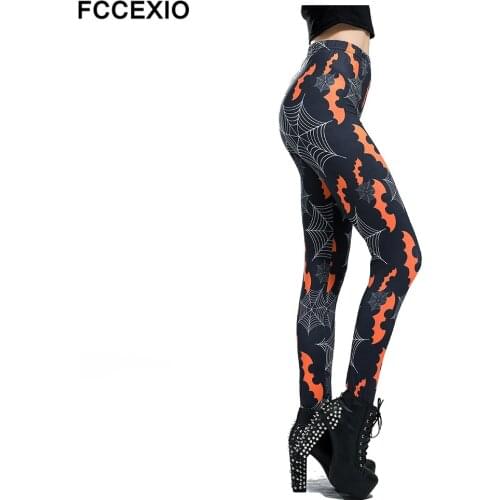 FCCEXIO New Women Halloween Leggings High Waist Workout Pants Fitness Legging Bat Cobweb Black 3D Printed Leggins Lady Leggings