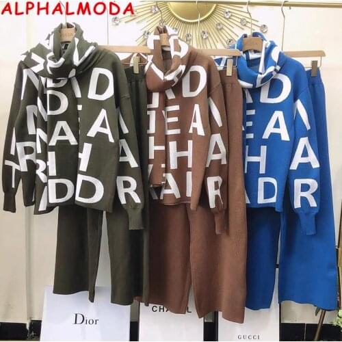ALPHALMODA 2021 Winter New Trendy Letter Loose Sweater + Scarf + Wide-leg Pants Women 3pcs Fashion Suits