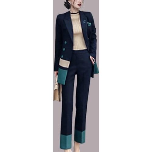 JSXDHK Women Formal 2 Piece Set 2019 Runway Korean Autumn Blue Patchwork Suits Formal Jacket Coat +Office Full Length Pant Set