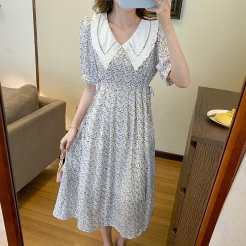 Vintage Floral Dress Women Cute Doll Collar Chiffon Korean Style Long Dress Summer Puff Sleeve Lace-up Midi Dresses For Woman