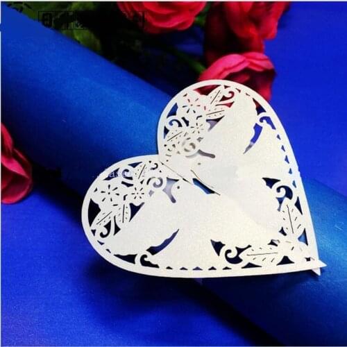 100Pcs/Lot Reflective Paper Carved Hollow Napkin Ring Love Heart Serivette Holder For Wedding Party Hotel Table Decoration Suppy