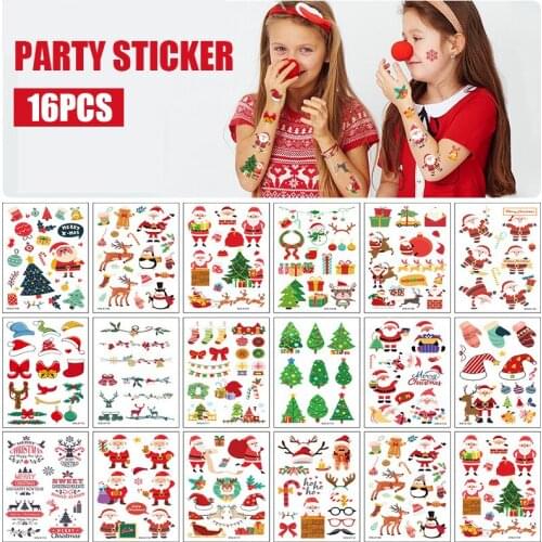 16 Sheets Temporary Tattoos Stickers Santa Claus Tattoo Sticker Waterproof Holiday Party Cartoon Stickers for Arm Decor NK