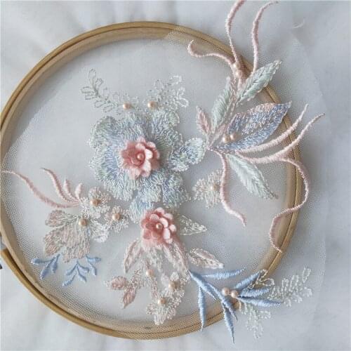3D Lace blue with pink flowers lace appliques medallions laces motif for dresses DIY color laces flowers