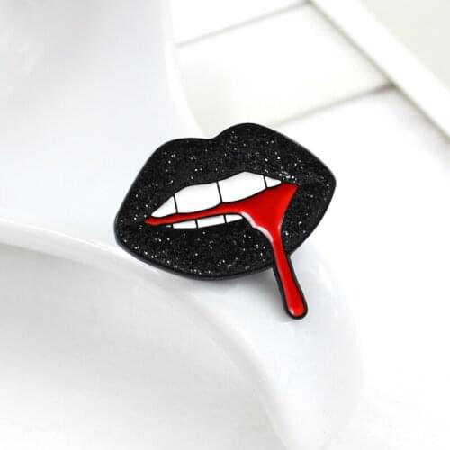 Shiny black lips flowing out of red blood brooch Personality creative badge Shirt denim leather fashion accessories
