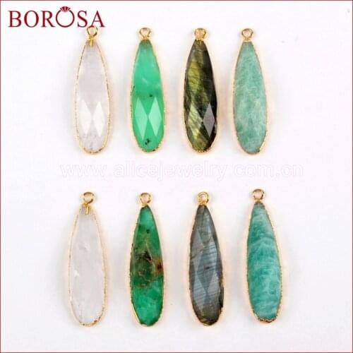 BOROSA 5PCS Faceted Teardrop Gold Color White Quartz Crystal Labradorite Charms Gems Pendant Beads Jewelry for Necklace G1524