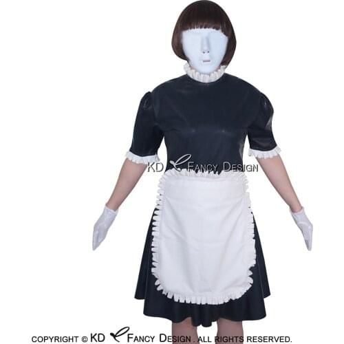 Black And White Apron With Frills Sexy French Maid Latex Dress Zipper At Back Rubber Uniform Bodycon Playsuit LYQ-0072