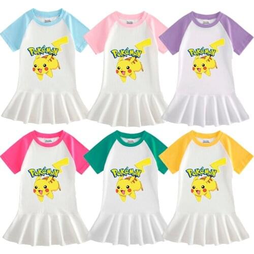 Girls Clothes Pikachu Cartoon Half Sleeve Girls Dress Baby Cotton Western-style Pleated Princess Dress Girls Clothes