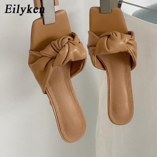 Eilyken New Design Pleated PU Leather Women Slippers Square Toe High Heels Ladies Slides Summer Outdoor Fashion Dress Shoes