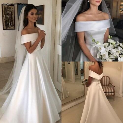 Elegant Off Shoulder Wedding Dresses Plus Size 2021 Bridal Gowns Court Train Satin Button Bow Customized Robe De Mariee