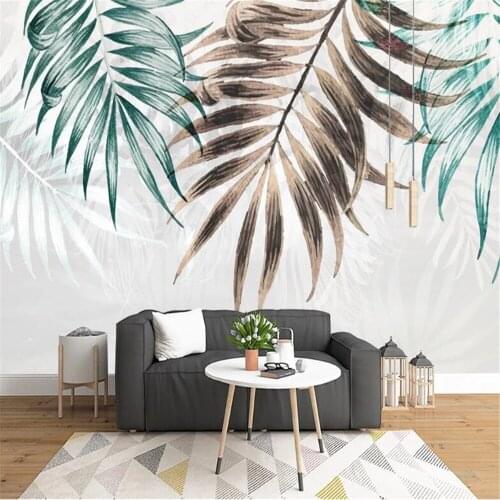 Milofi non-woven wallpaper mural modern minimalist hand-painted fresh plant leaves Nordic sofa TV background decorative painting