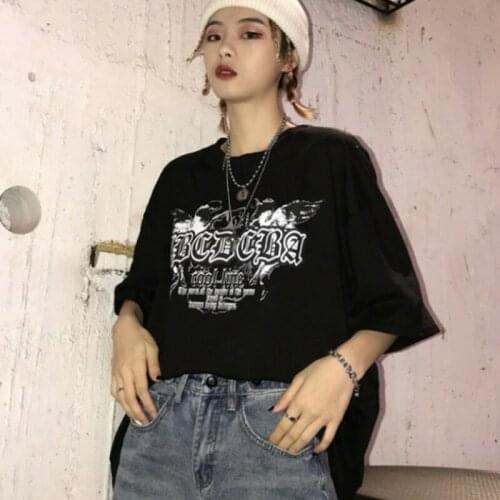 Summer Japan Punk Casual Letter print cartoon Harajuku INS Cotton Hip Hop Streetwear vintage oversized chic cute women T-shirt