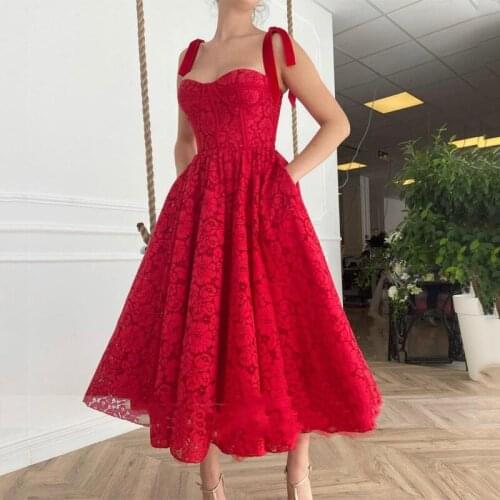 Short Full Lace Prom Dresses A Line 2021 Sweetheart Neckline Red Tea Length Special Occasion Gowns Women Evening Wear