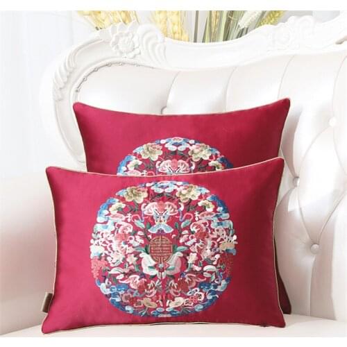 Flowers Embroidered Soft Cushion Cover Cases for Sofa Bed Couch Chinese Style Home Throw Pillow Covers Wine Red Yellow