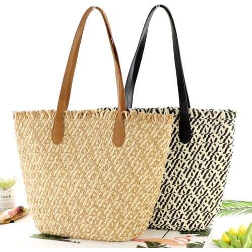 New Two-color Paper Rope Straw Bag Fashion Large-capacity Woven Bag Shoulder Casual Beach Handbag