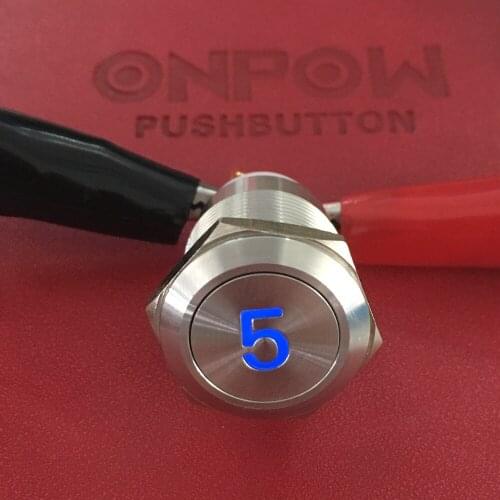 Onpow 19mm Momentary Number Five Symbol illuminated Stainless Steel LED Push Button Switch (LAS1GQ-11D/B/12V/S/5) CE, RoHS